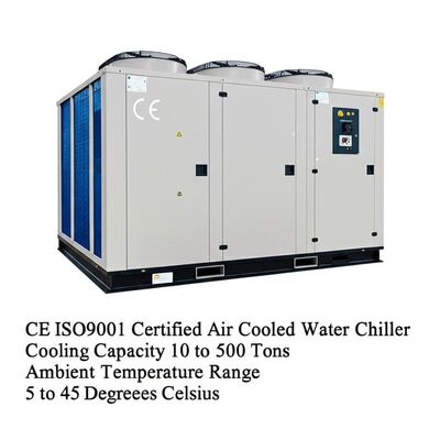 CE ISO9001-gecertificeerde luchtgekoelde waterkoeler Koelcapaciteit 10 tot 500 ton Omgevingstemperatuurbereik 5 tot 45 graden Celsius
